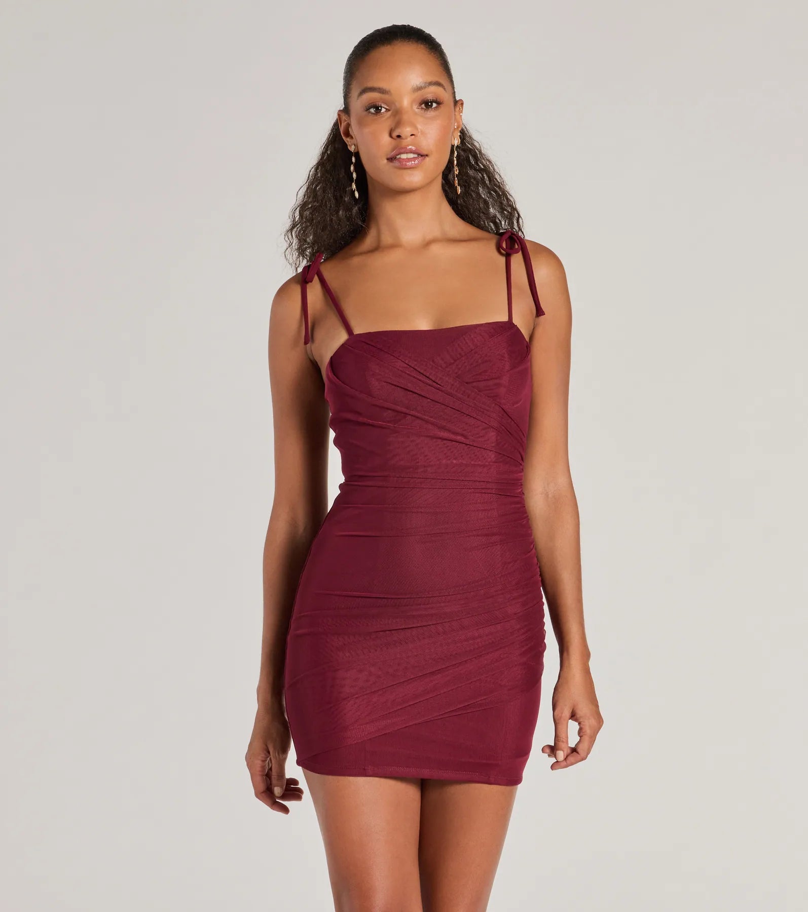 Glamorous Nights Mesh And Crepe Ruched Mini Dress