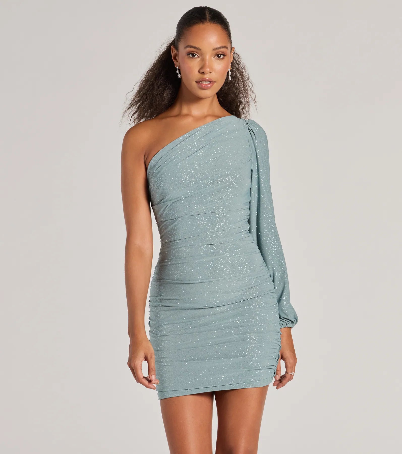 Glitzy Status One-Shoulder Glitter Knit Mini Dress