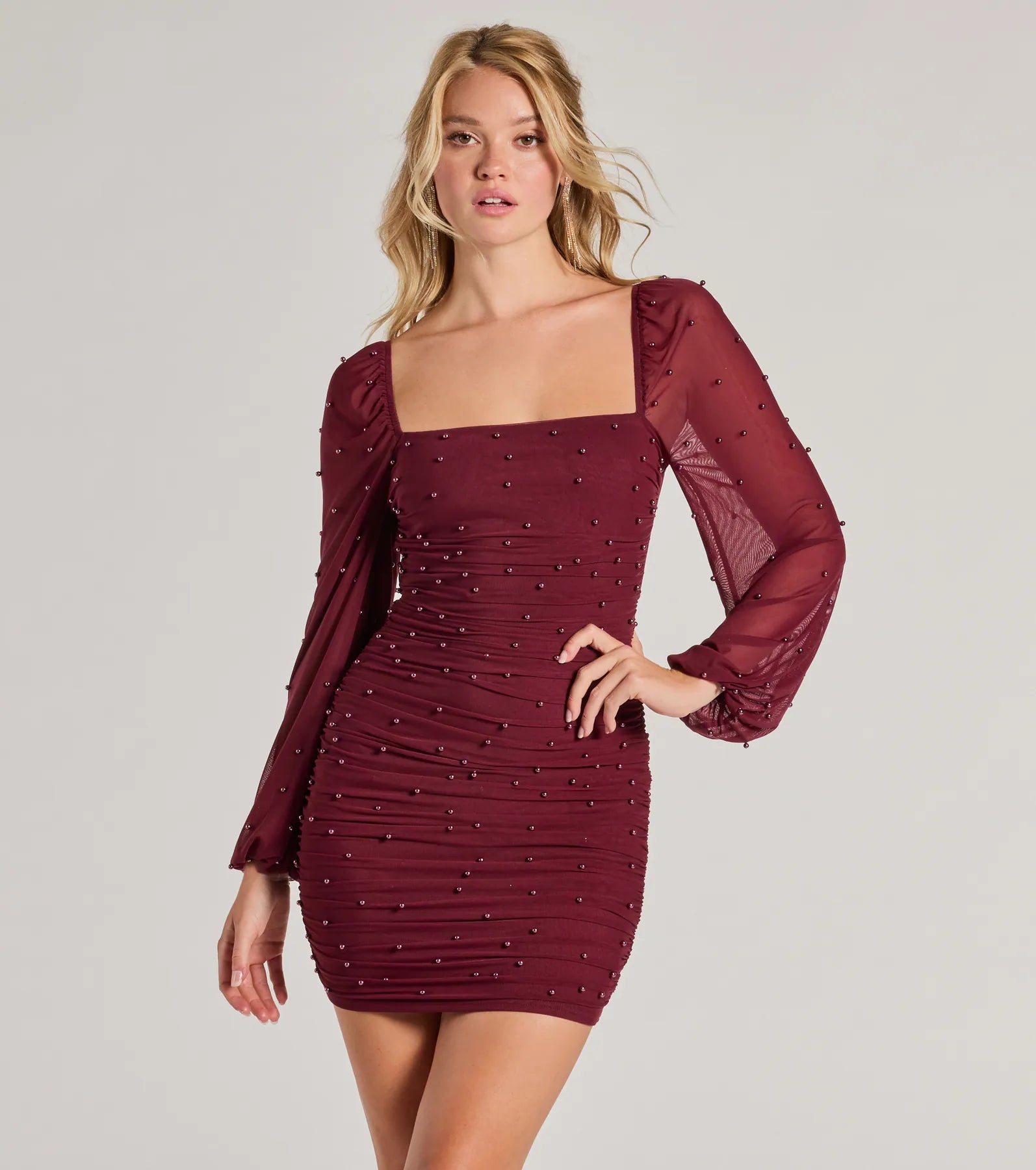 Lovely Vibe Pearl Mesh Long Sleeve Mini Dress