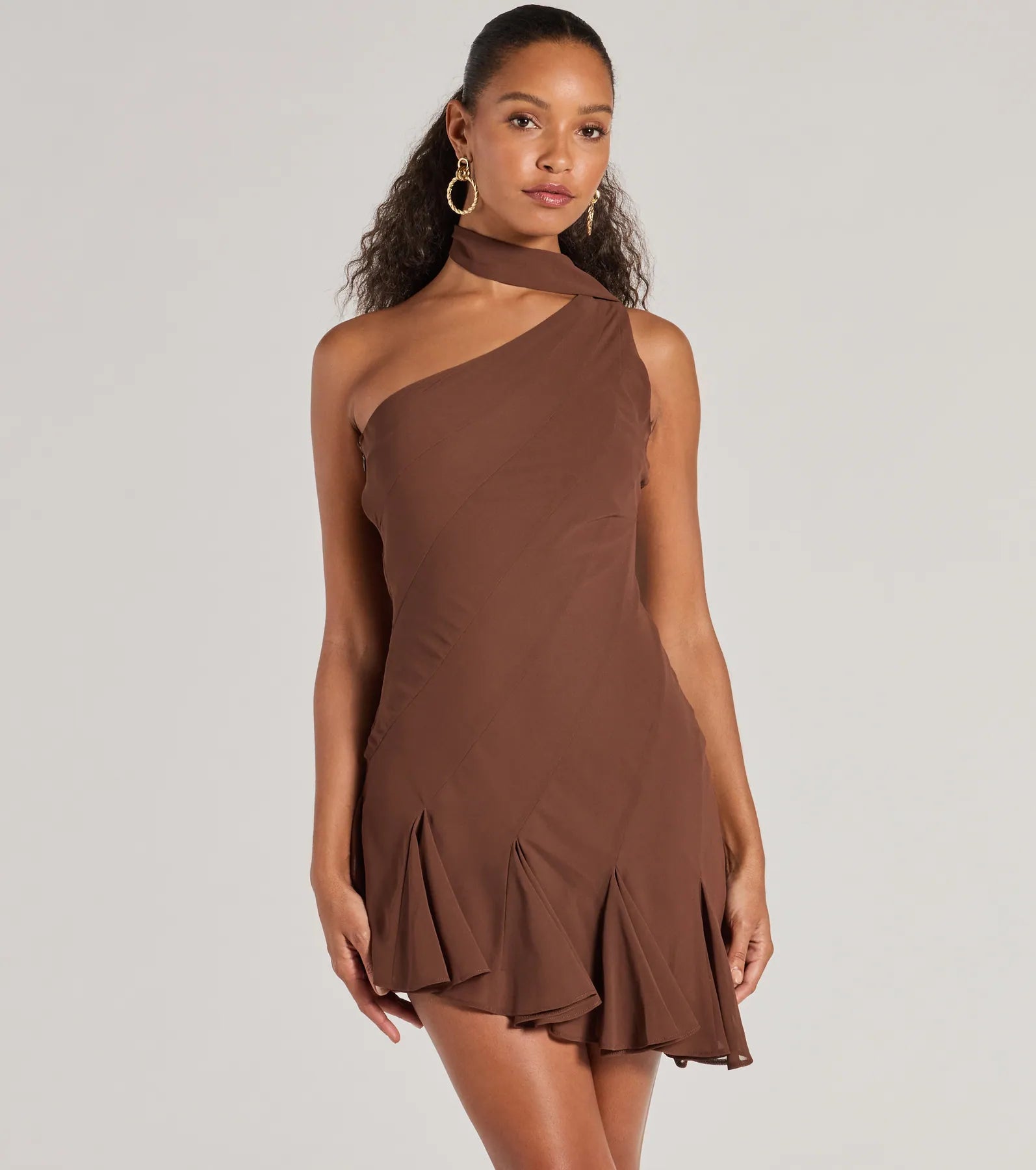 Sleek And Elevated Chiffon Scarf Neck Mini Dress