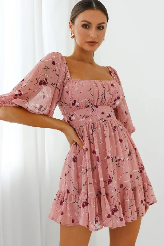 Abby Off-Shoulder Tie-Up Back Dress Floral Print Rose