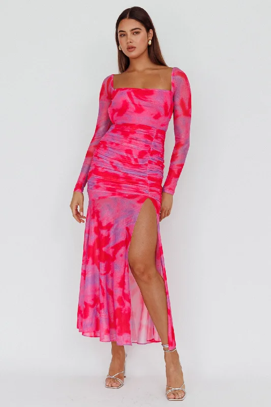 Apryl Long Sleeve Lace-Up Back Maxi Dress Pink