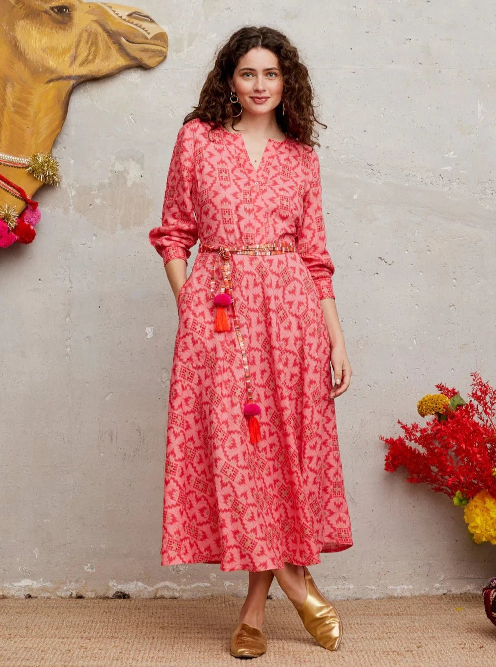 Azurite Dress in Coral Ikat