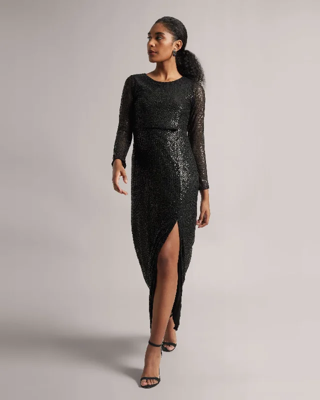 Black Sequin Thigh-High Slit Maxi Dress