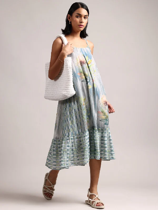 Blue Cotton Linen Tropical Tiered Dress