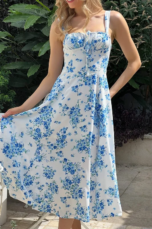 Blue Floral Midi Dress Gathered Bust