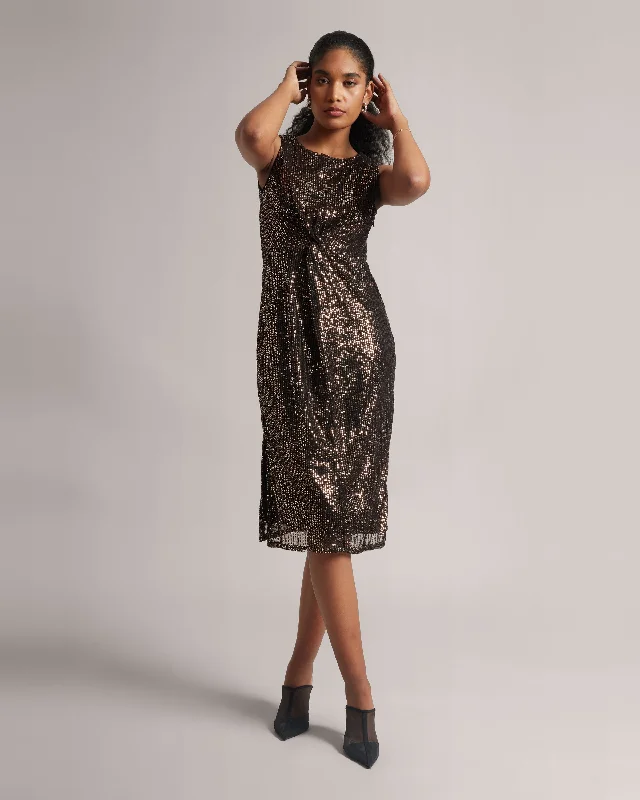 Bronze Copper Knotted Party Midi Sequins dress