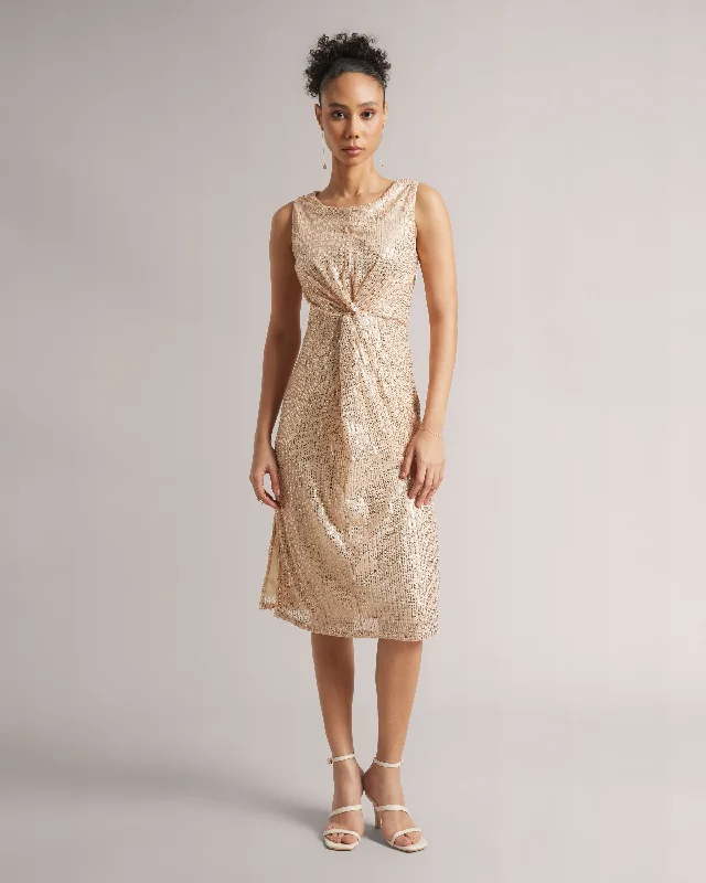 Champagne Beige Front Knot Sequin Midi Dress With Side Slits