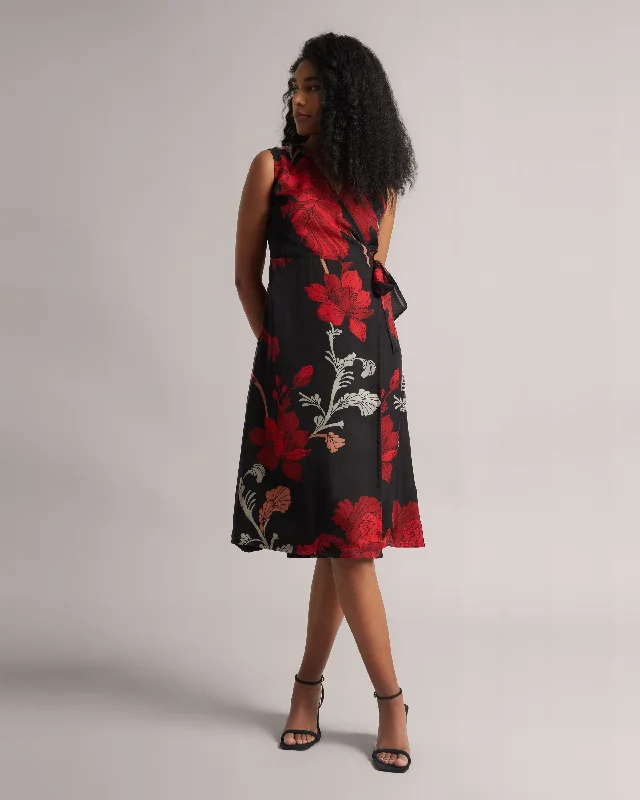 Charcoal Black Fiery Print Wrap Midi Dress