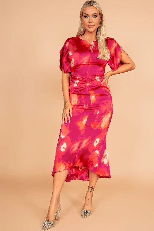 Cleo Pink Satin Print Dress