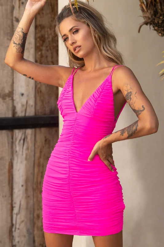 Dancing Queen Strappy Back Ruched Mesh Dress Hot Pink