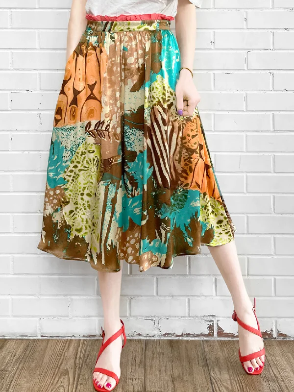 Surprise Sale! Elegant Summer Jungle Paperbag Waist Midi Silky Skirt