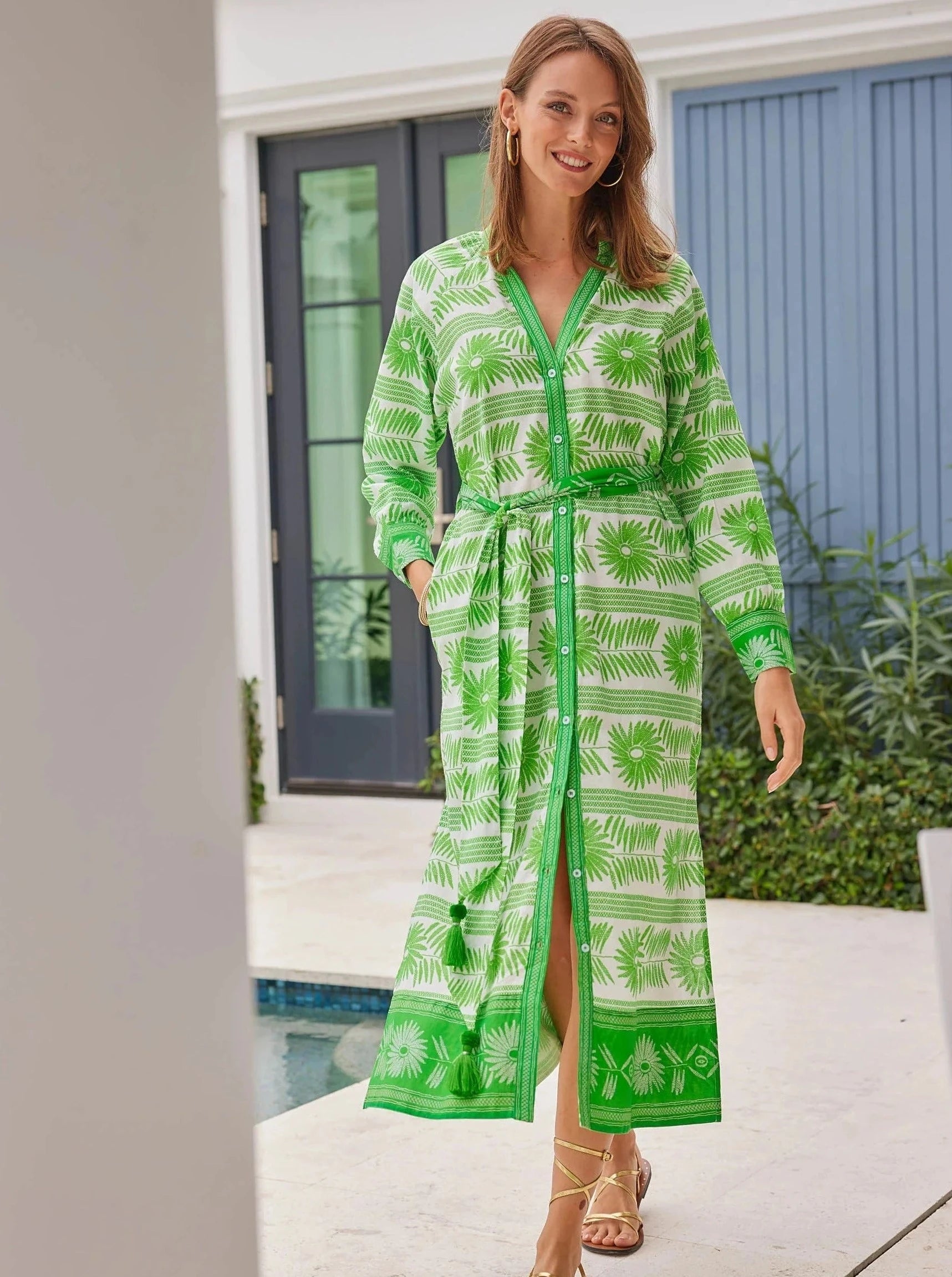 Embroidered Flower Shirtdress in Green