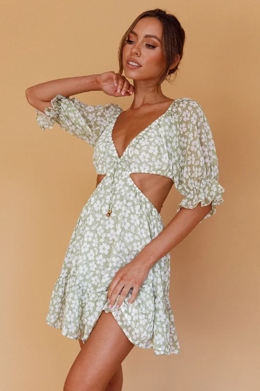 Fancy Free Puff Sleeve Cut-Out Dress Floral Green