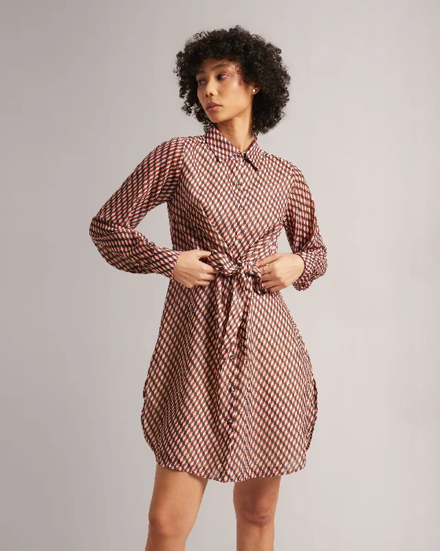 Geometric Print Front Tie-Up Mini Shirt Dress