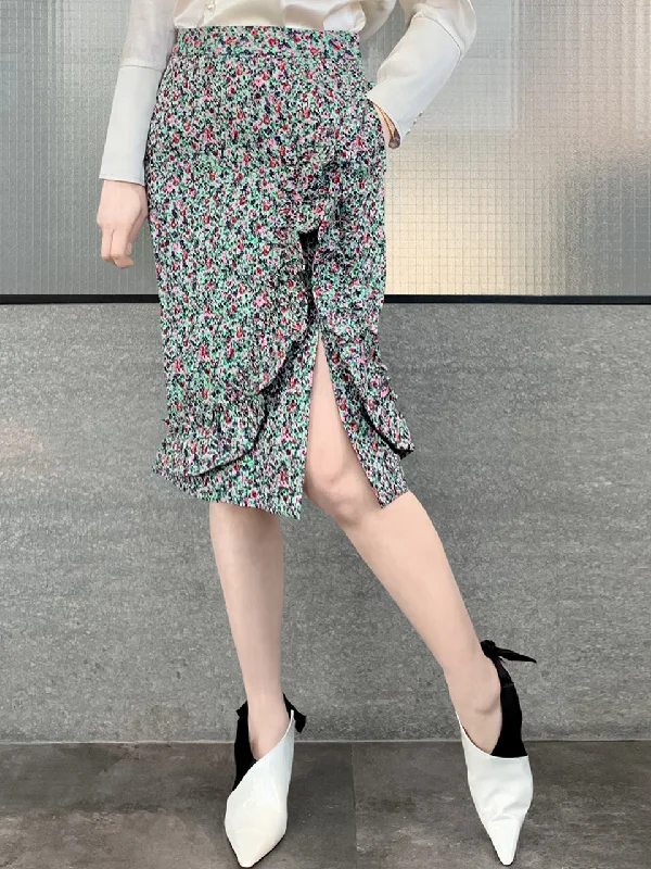 Surprise Sale! Green Jacquard Blossom Ruffle Slit Pencil Skirt