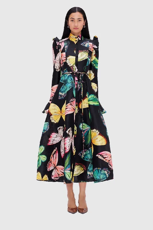 Leo Lin Katrina Butterfly Sleeve Midi Dress - Papillon Print in Black