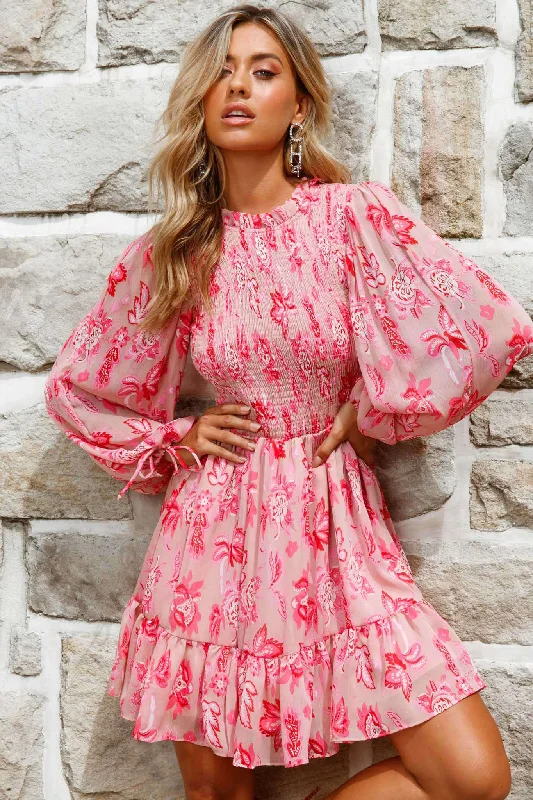 Marja Long Balloon Sleeve Shirred Dress Floral Print Pink