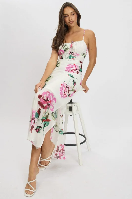 Purple Floral Midi Dress Gathering Bust Sleeveless