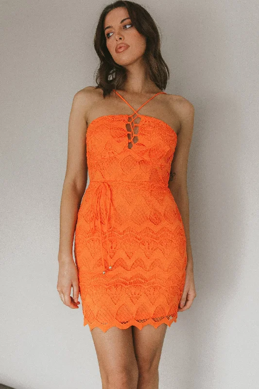 St Kilda Embroidered Lace Strappy Dress Coral