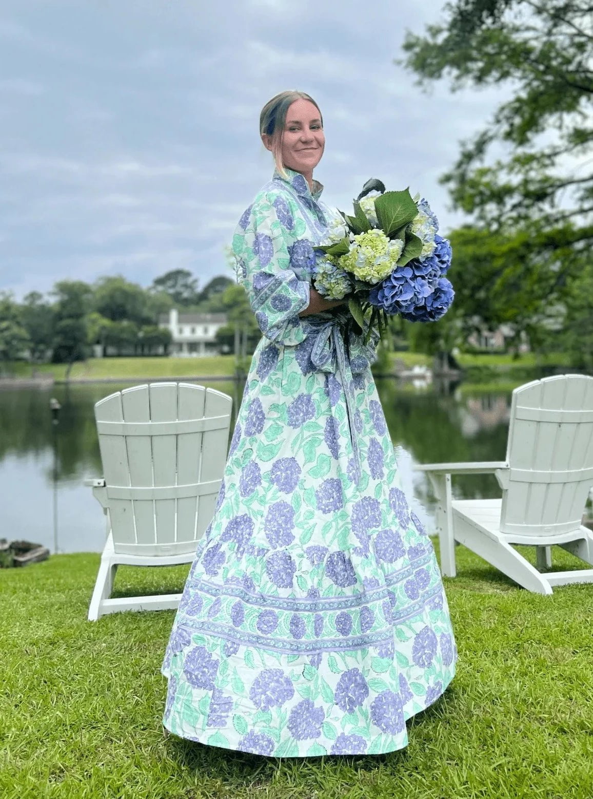 Paloma Flounce Dress in Nikko Blue / Hydrangea Print