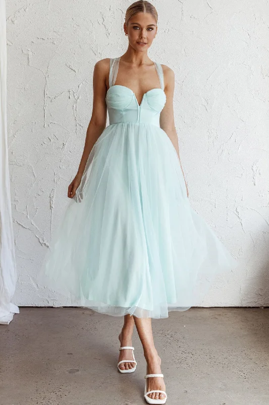 Surreal Lace-Up Back Tulle Midi Dress Mint