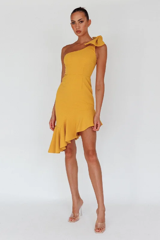 Tiffany One-Shoulder Bow Dress Mustard