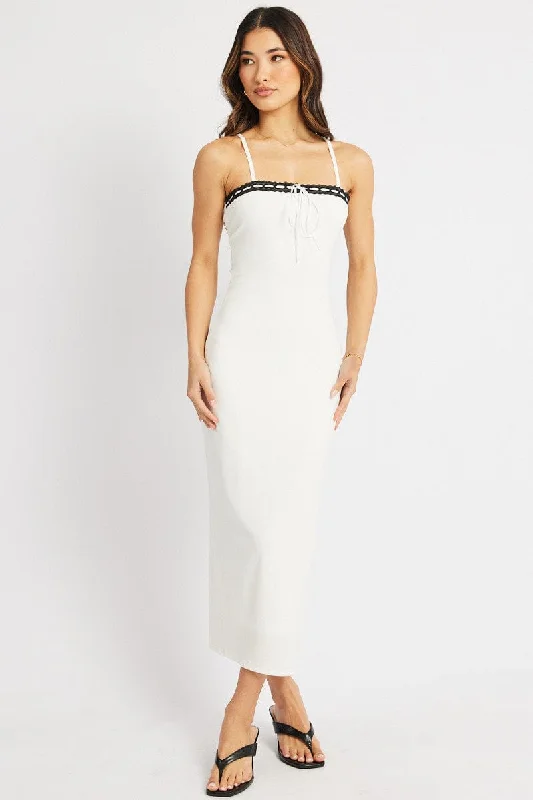 White Bodycon Dress Maxi Ribbon Trim