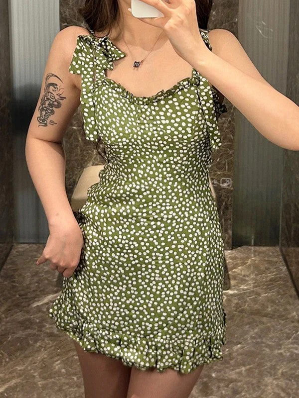 Tie Strap Polka Dot Green Mini Dress