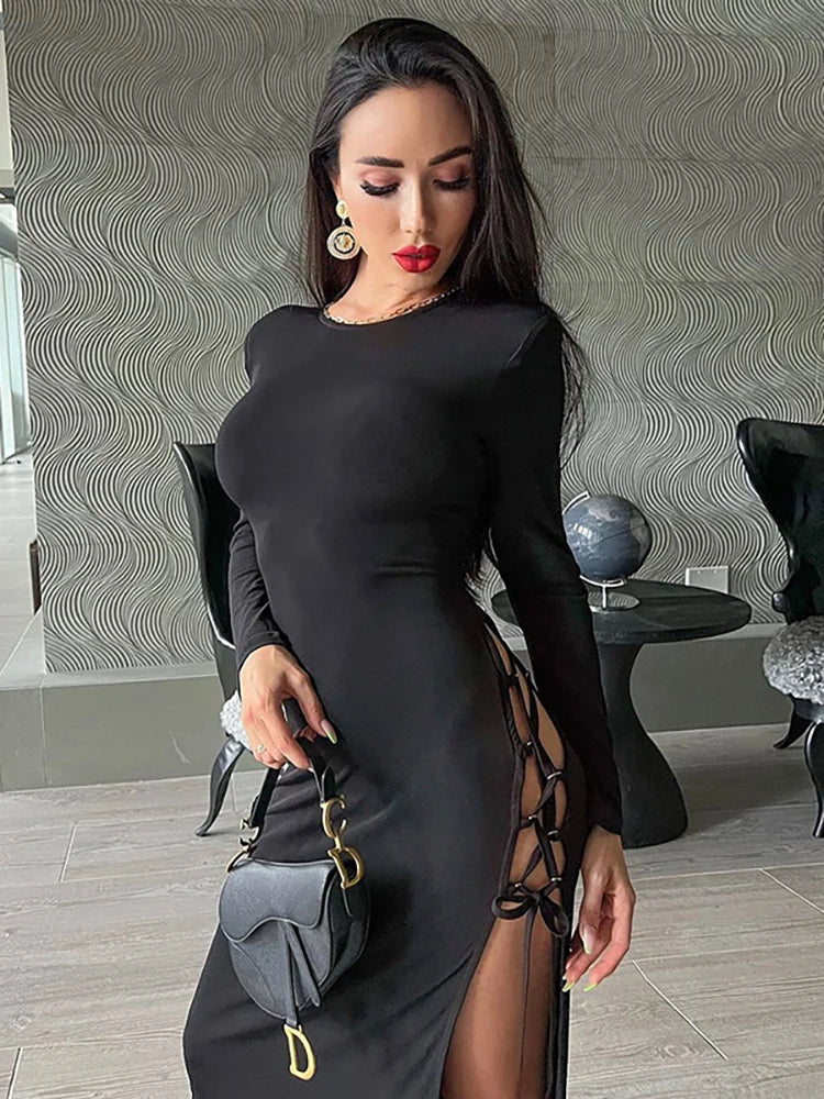 Bandage Dress Women Autumn: Long Sleeve O-Neck Sexy Split Maxi Dress