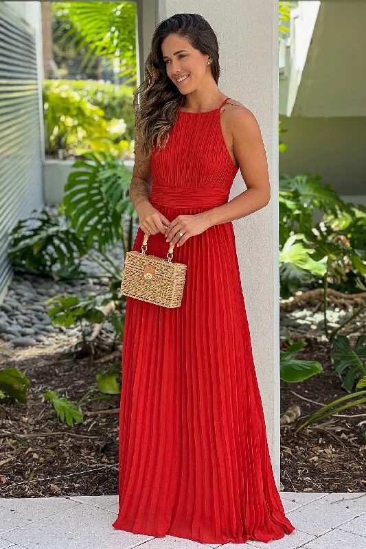 Burnt Orange Pleated Maxi Dress