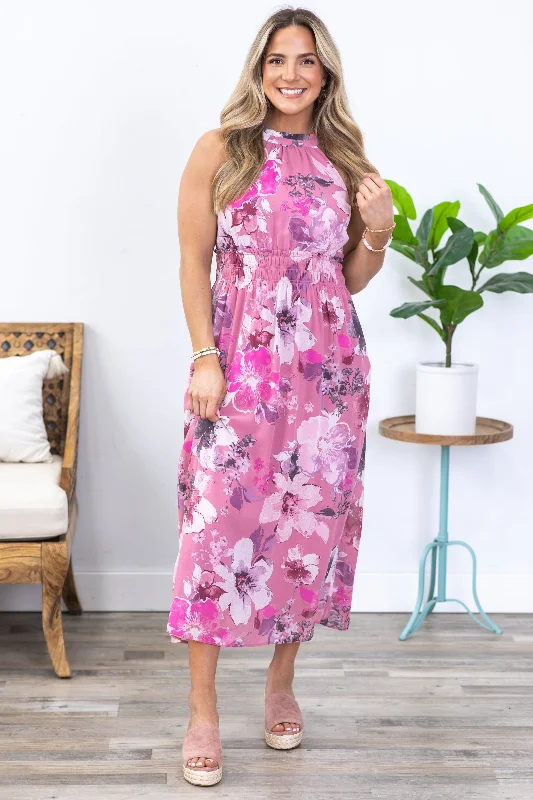 Dusty Pink Floral Chiffon Halter Maxi Dress