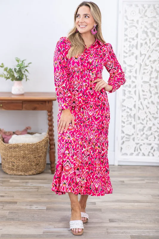 Fuchsia Abstract Print Long Sleeve Maxi Dress