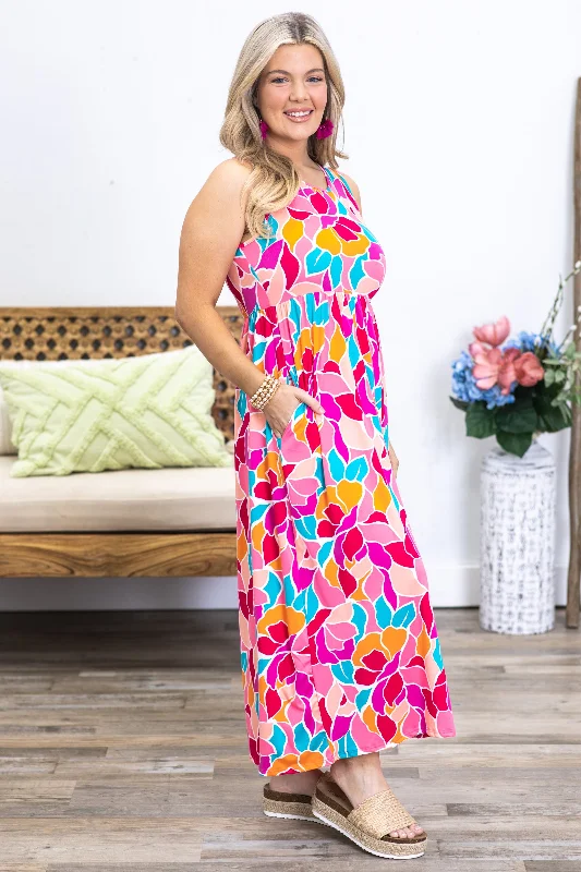 Fuchsia Multicolor Abstract Midi Dress