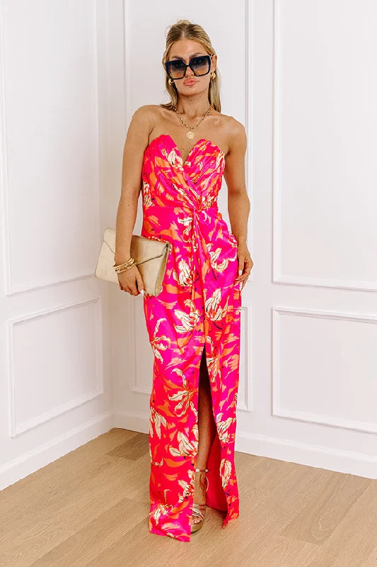 Gala Ready Satin Maxi Dress in Hot Pink