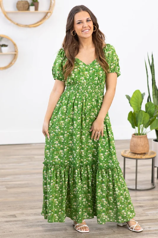 Green Multicolor Floral Puff Sleeve Maxi Dress