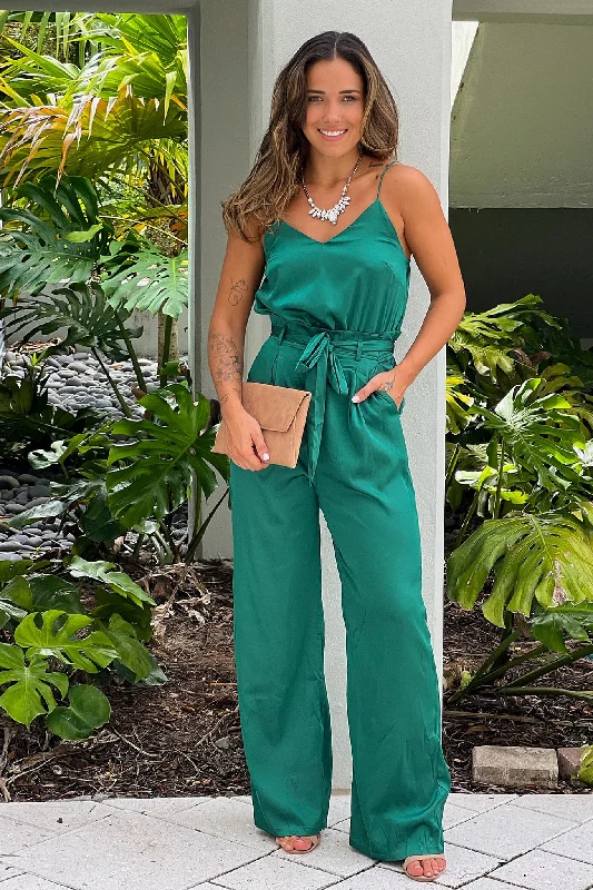 Hunter Green Draped Neckline Jumpsuit With Pockets