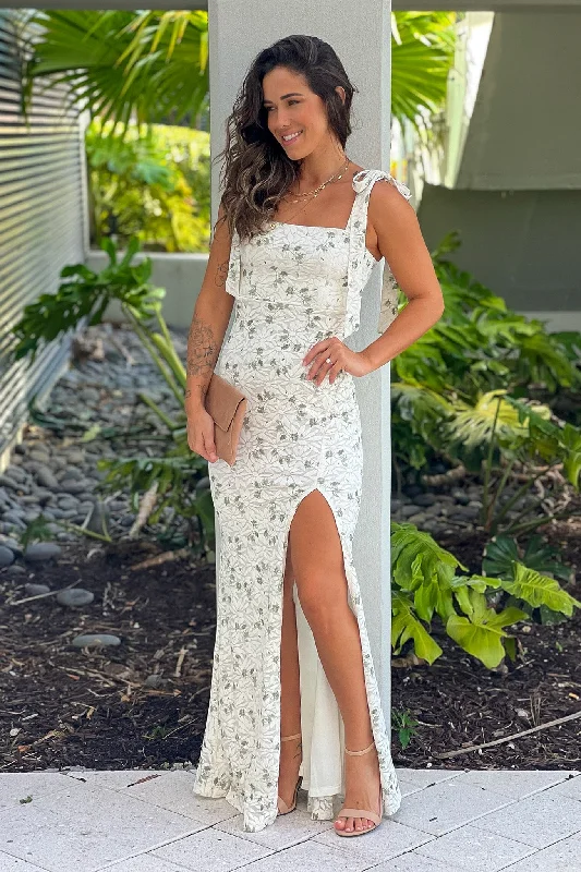 Ivory And Green Floral Maxi Dress With Slit