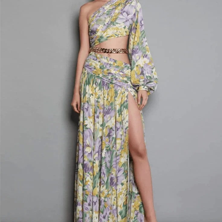 KittenAlarm - Krissy One Shoulder Chain Embellishment Floral Maxi Dress