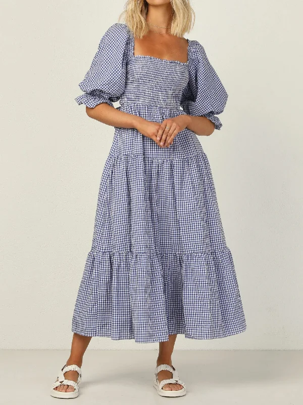 'Lorraine' Square-neck Gingham Maxi Dress