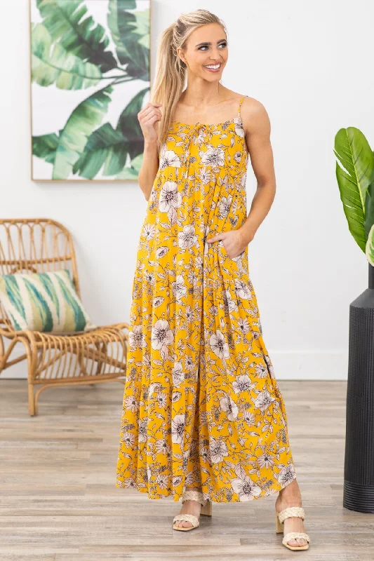 Mustard Floral Print Maxi Dress