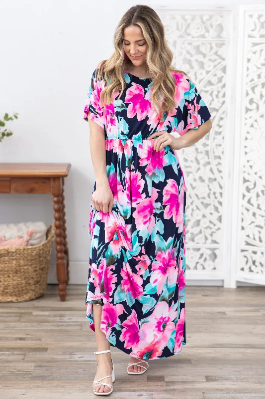 Navy Flower Print Boat Neck Maxi Dress