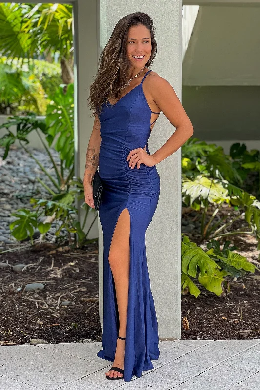 Navy Ruched Maxi Dress With Slit