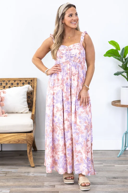 Peach Paisley Floral Smocked Maxi Dress