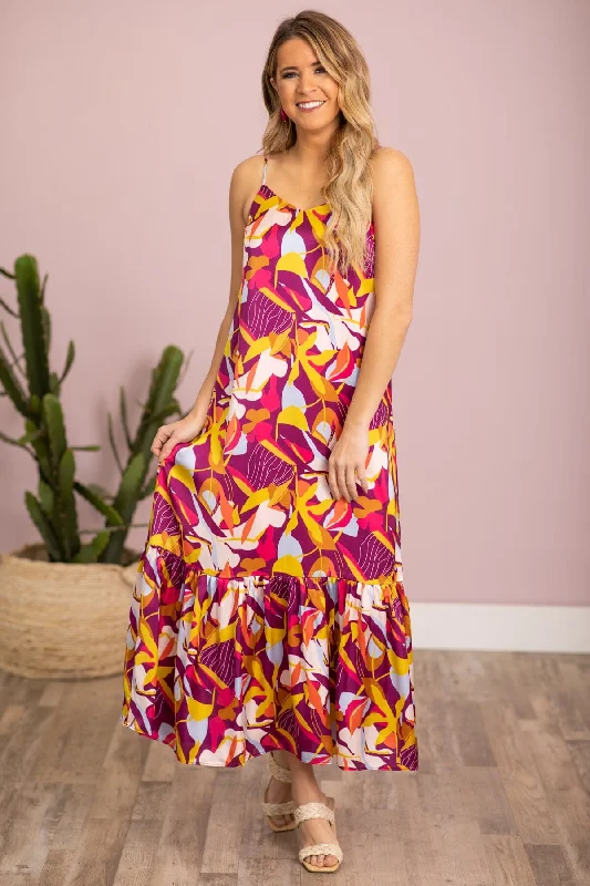 Raspberry and Yellow Tropical Print Maxi Dress