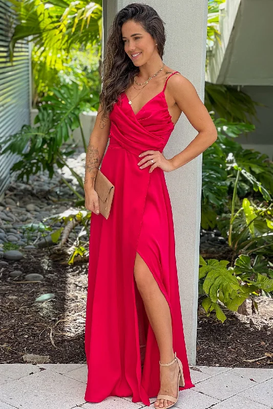 Red Satin Maxi Dress With Slit