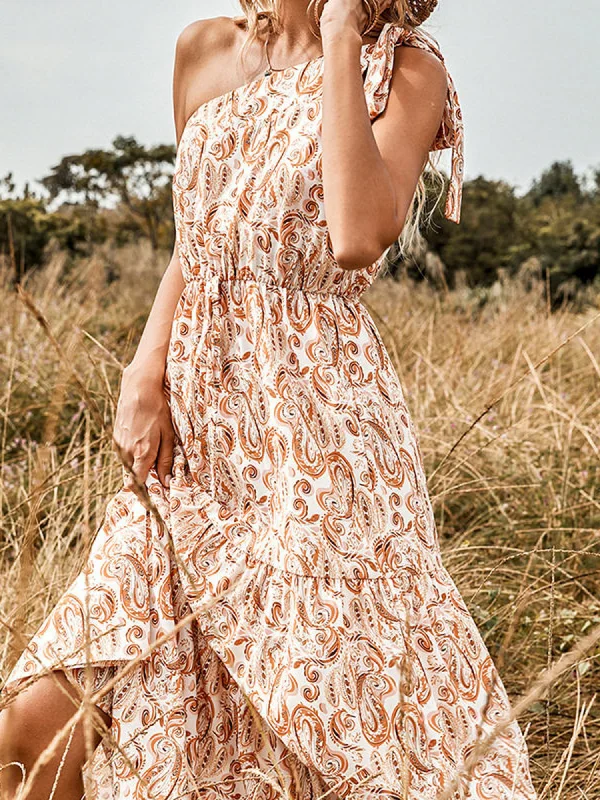 'Ruby' Tied Single Shoulder Paisley Maxi Dress