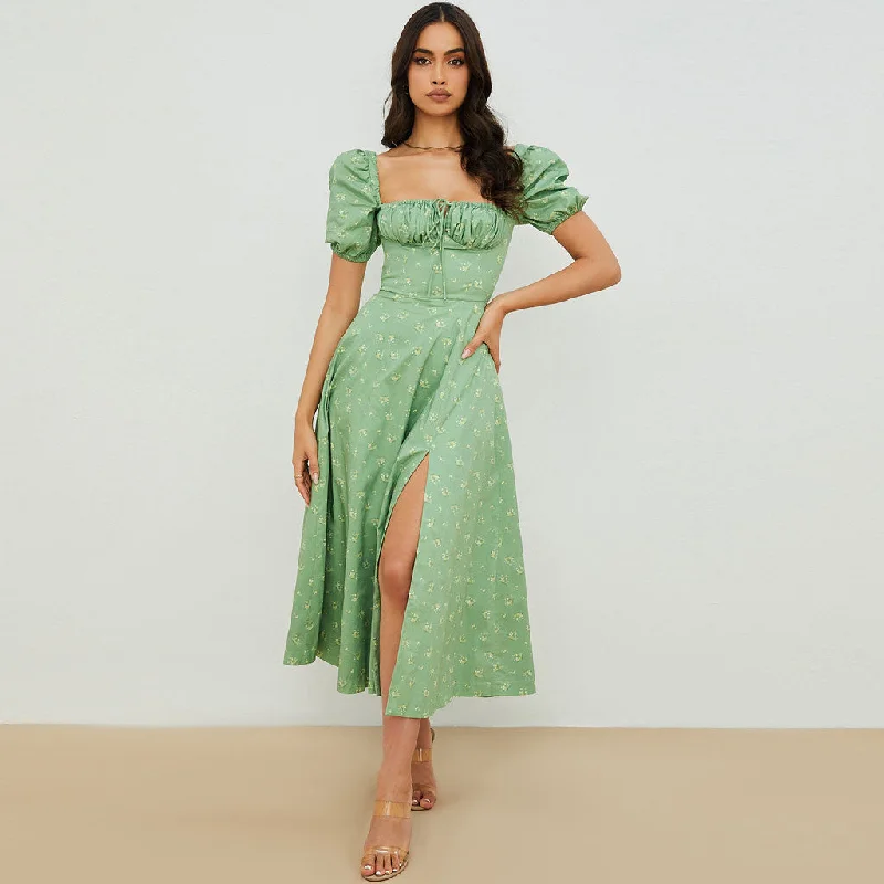 Daisy Printed Puff Sleeve High Slit Smock Maxi Sundress - Sage Green