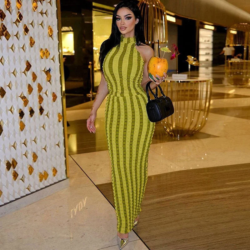 Popcorn Striped High Neck Sleeveless Bodycon Maxi Dress - Green