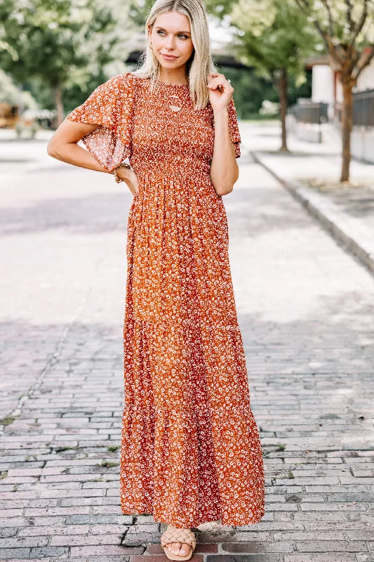 Take A Guess Rust Orange Ditsy Floral Maxi Dress